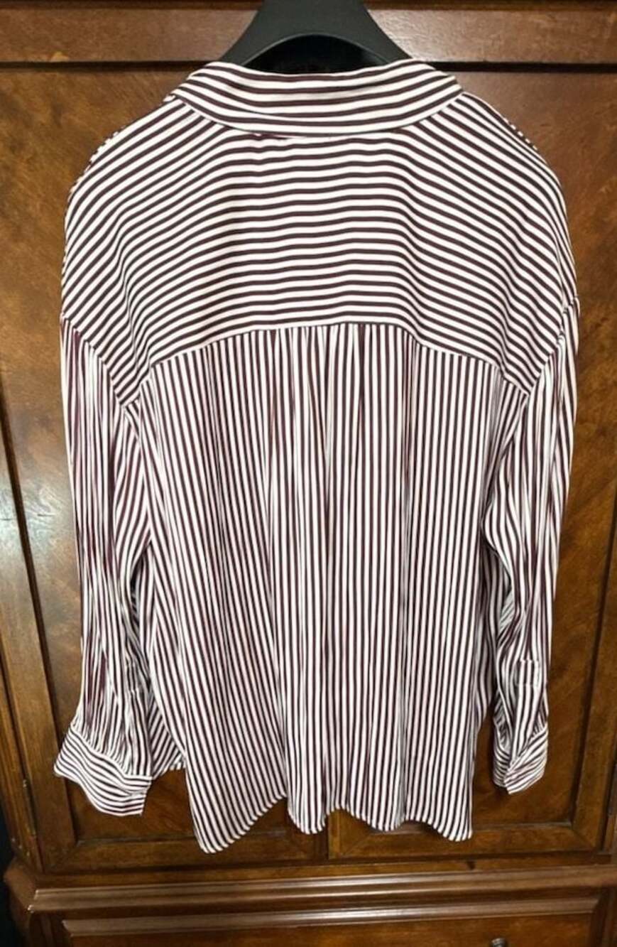 Lane Bryant Women's Burgundy White Striped Long Sleeve Tie Neck Blouse Size 22/2 - Picture 3 of 10
